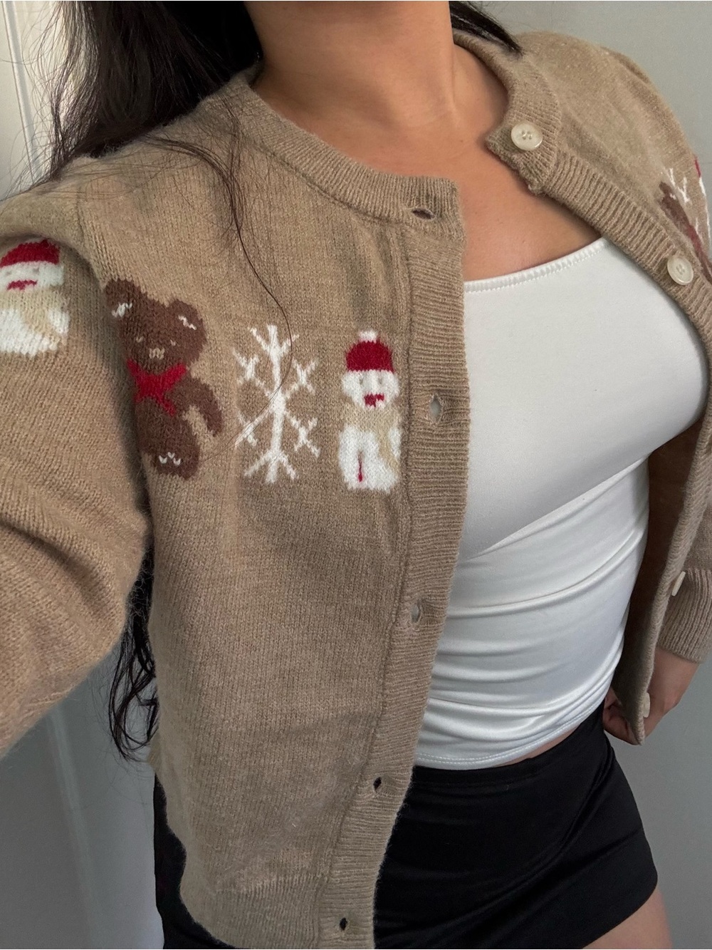 So Me Beige Holiday Knit Cardigan with Teddy & Snowflake Motifs